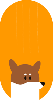 Cartoon illustration of a brown and white dog with perky ears and a curious expression, set against an orange background with vertical streaks