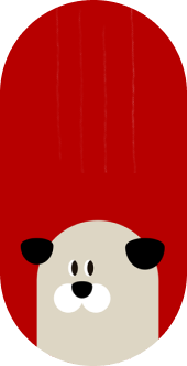 Illustration of a beige dog with large black ears and a white muzzle, looking friendly, set against a red background with vertical streaks