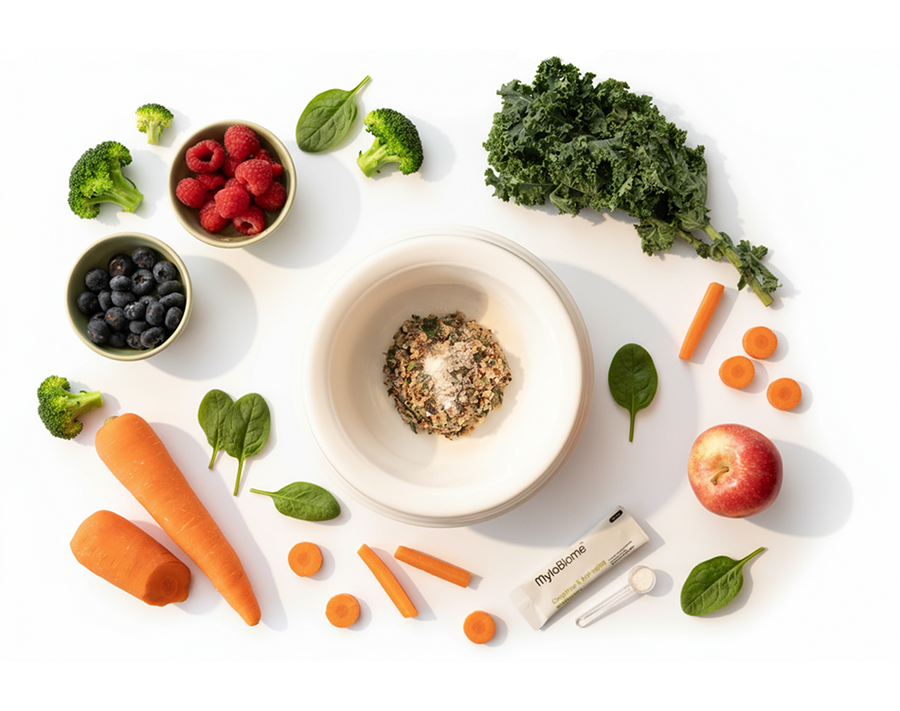 Assorted healthy foods including vegetables, fruits, and a bowl of seeds on a white background.